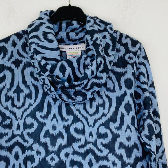 Gretchen Scott Women's Small Blouse Blue Damask Ikat Cowl Neck Tunic Top AX22 - Picture 2 of 6